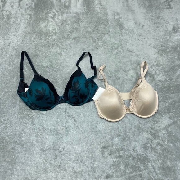 2 Maidenform Comfort Devotion Floral Print Bras 34D Lace Nylon Blend d0057 - Picture 1 of 5